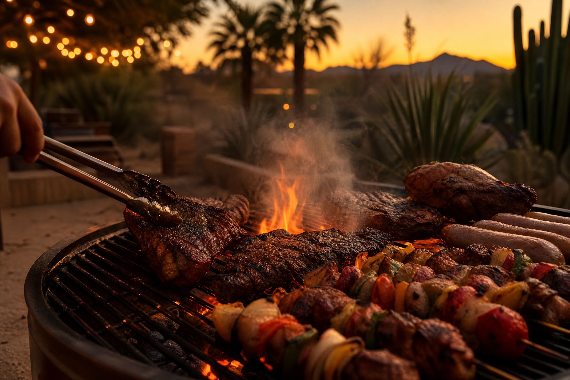 Backyard barbecue at sunset